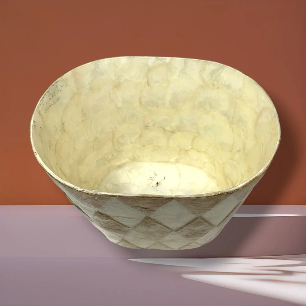 Natural Capiz Shell Harlequin Wastebasket Trash Can Coastal Organic Modern